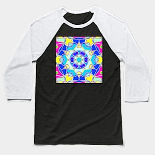 Cartoon Mandala Flower Blue Yellow and Pink Baseball T-Shirt